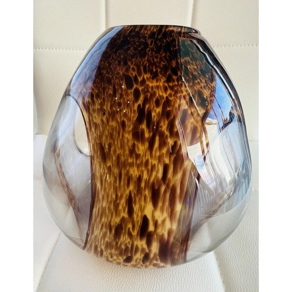 Murano Style Art Glass Vase Tortoiseshell Brown Amber Hand Blown